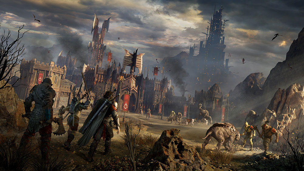 Talion walks through a ruined field with orcs wandering about and a castle in the distance.