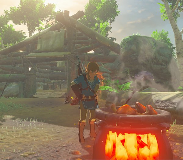 Link looking at a cookpot on top of a campfire, with a cabin in the background