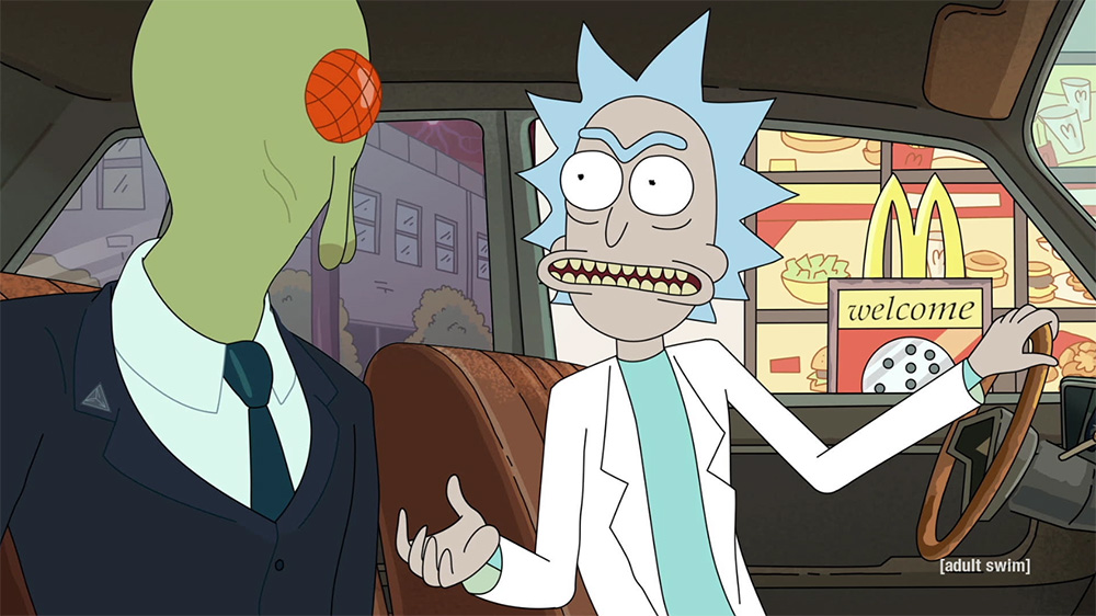Rick in a car at a McDonalds drive-thru talking to a green bug alien in a black suit.