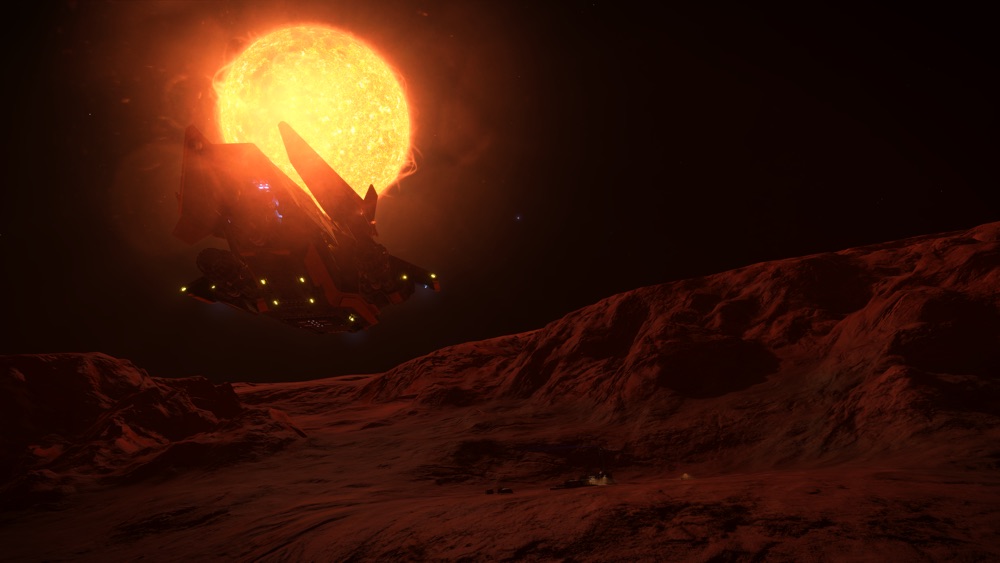 A spaceship prepares to land near a red planetary base, the orange star looming nearby