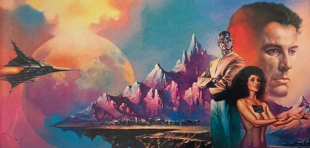 Cover image of William Shatner's TekWar book: a spaceship flies to a floating purple mountain sky city. A chrome robot appear to the right. A naked woman with a panel missing above her chest, exposing some wires, is beckoning to the right. In the background can be seen a man's face.