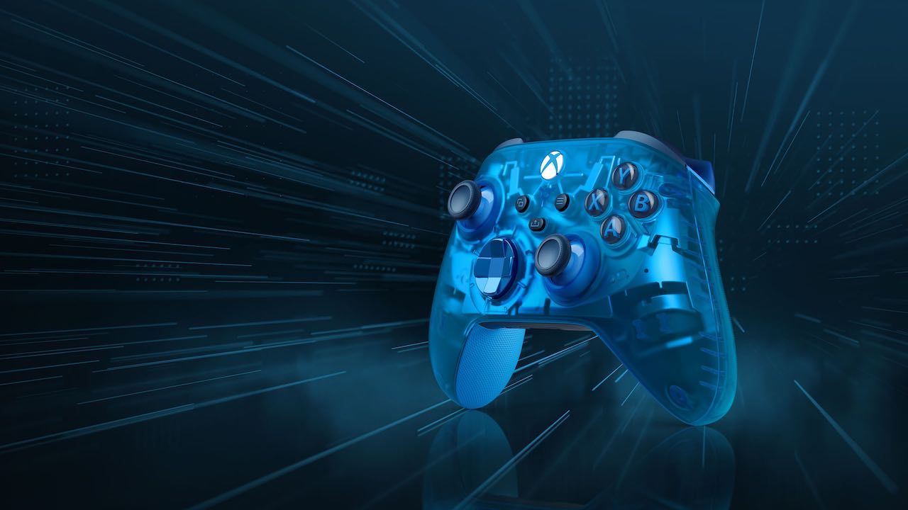 Transparent blue Xbox controller on a black background with blue motion lines