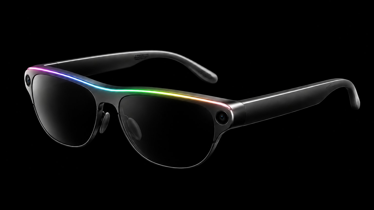A fashionable, futuristic pair of sunglasses. There are subtle cameras in the end pieces at the edges of both arms that fit into the frame of the device. Along the top rim from edge to edge is a thin LED bar. There are near-invisible speakers at the back of the temples and tiny holes for microphones in the bottom of the frames below the lenses.