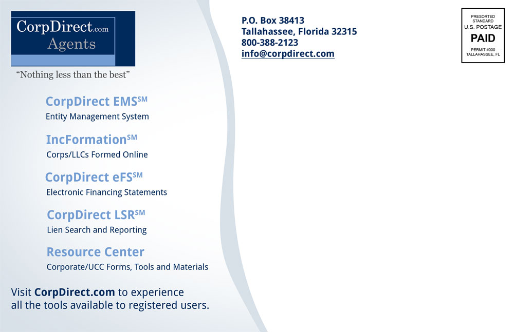 Back of CorpDirect EMS flyer, showing the services the company provides