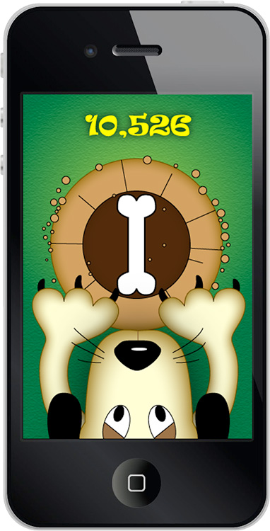 iPhone with sample gameplay image: a dog's paws and snout looking out at a hole in the grass