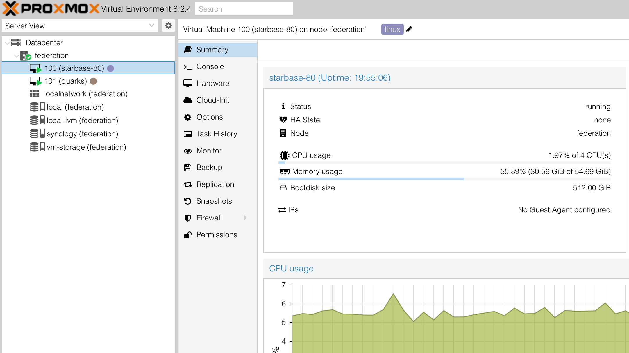 Proxmox hypervisor, showing the "Federation" datacenter, my two VMs Starbase 80 and Quark's, and the Synology NAS