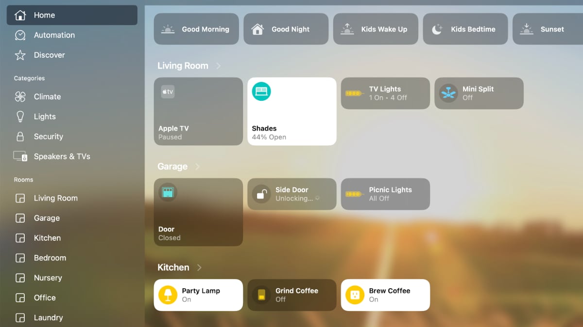 Home app for Mac, showing the Living Room, Garage, and Nursery devices