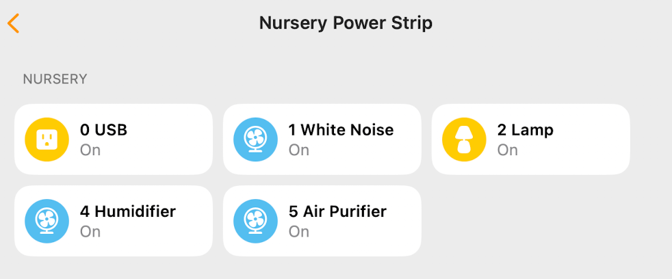 Nursery power strip in the Home app, showing all 5 plugs