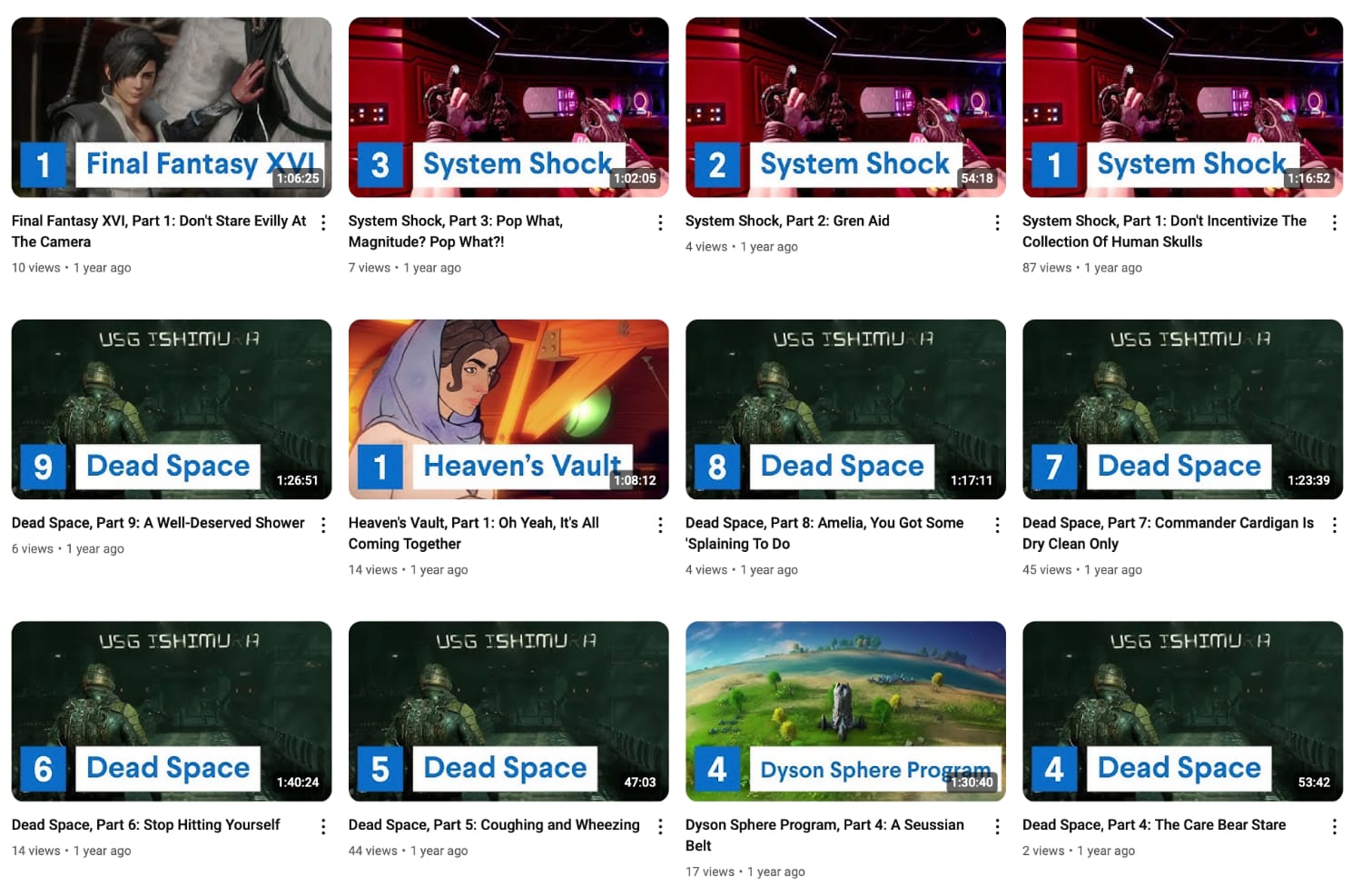 Screenshot of the channel's Videos page, showing videos for Final Fantasy XVI, System Shock (remake), and Dead Space