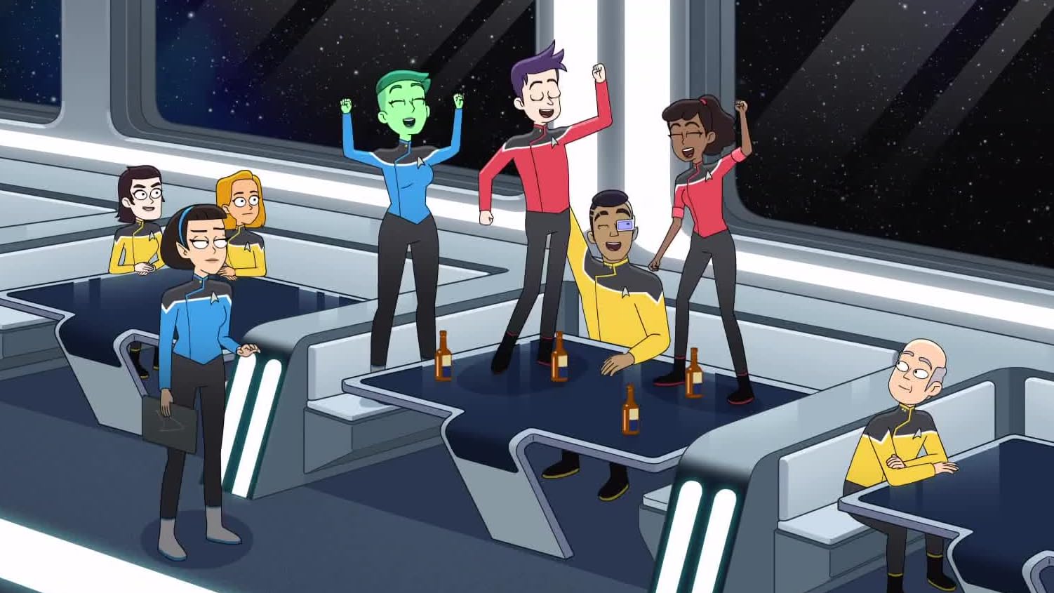 Lower Decks screenshot, showing the crew standing on a table in the bar and cheering