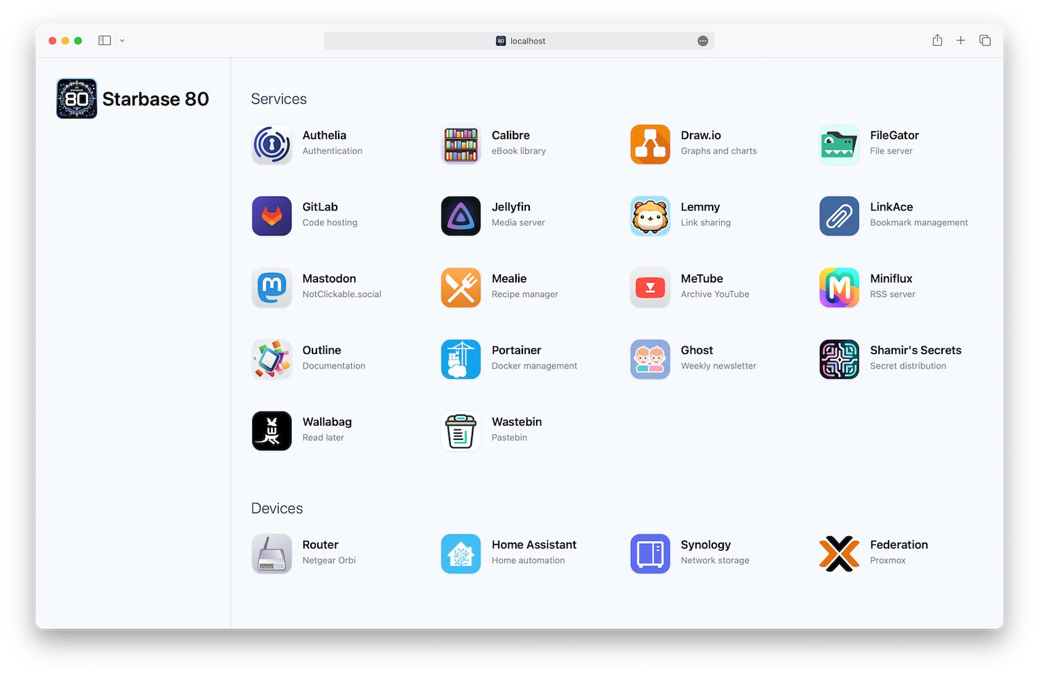 Starbase 80 homepage, showing links to Authelia, Lemmy, and other projects