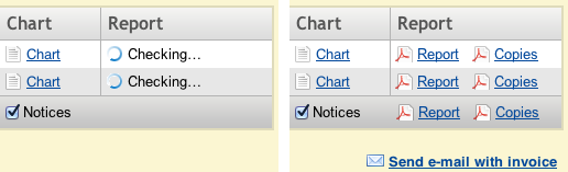 Side by side images showing a spinning graphic that displays a link to a PDF when it finishes