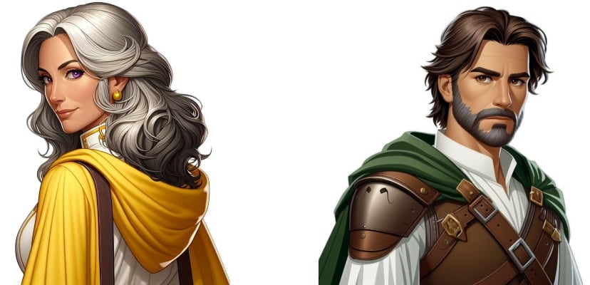 Headshots of Sara and Warren, respectively a woman with grey hair in a yellow cloak, and an older male soldier with brown hair, a beard, and a green cape.