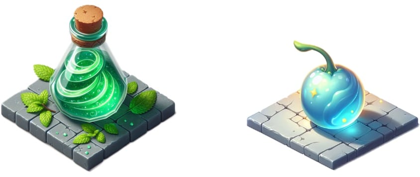 A green potion and a magical blue berry, both on grey tiles.