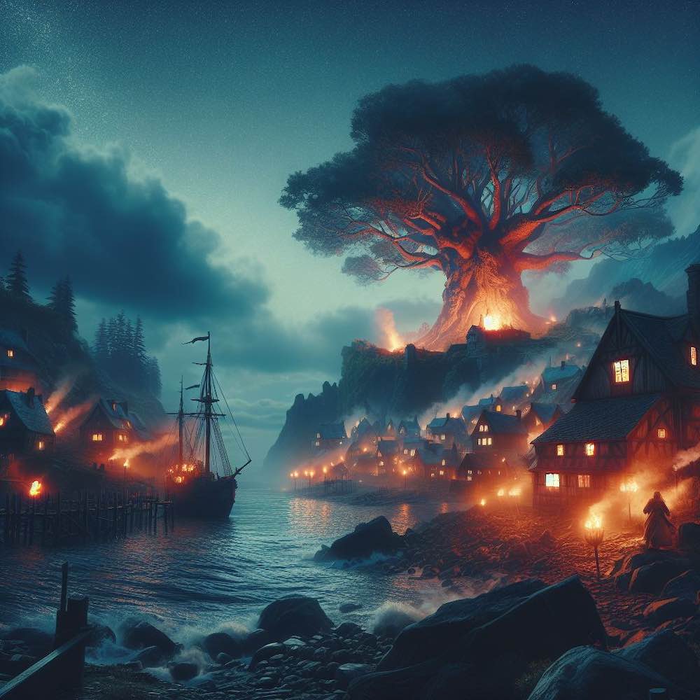 At night, a fishing town is on fire. A large magical tree on a cliff overlooks the scene.